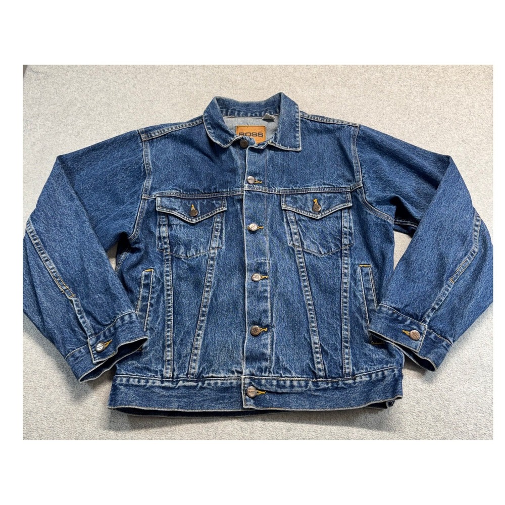 Vintage BOSS Mens M Blue Denim Trucker Jacket Leather Logo Patch 100% Cotton